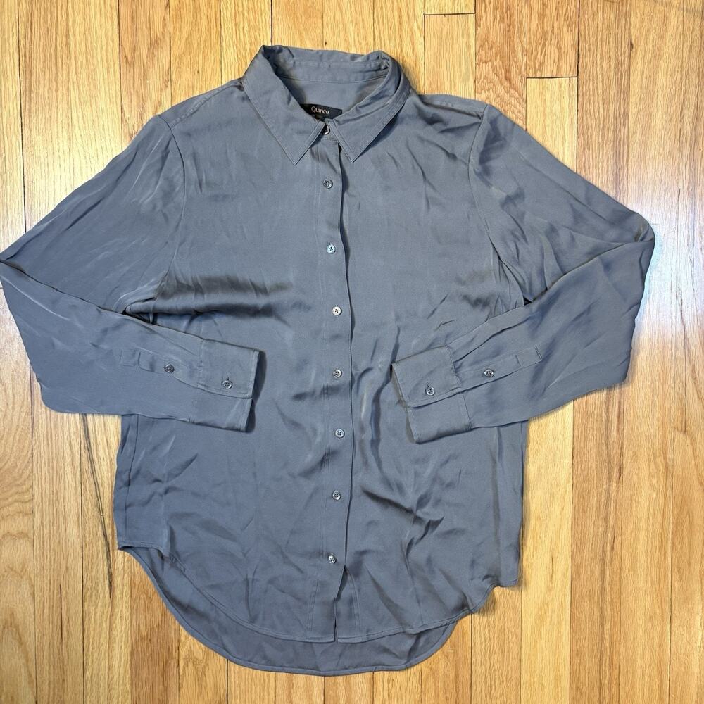 Quince Women’s Size Medium M Long Sleeve Button Down Silk Blouse Gray